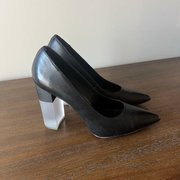 Pour La Victoire Woman’s Black Leather Bock Acrylic Heel Pumps- Size 8 - Picture 3 of 11